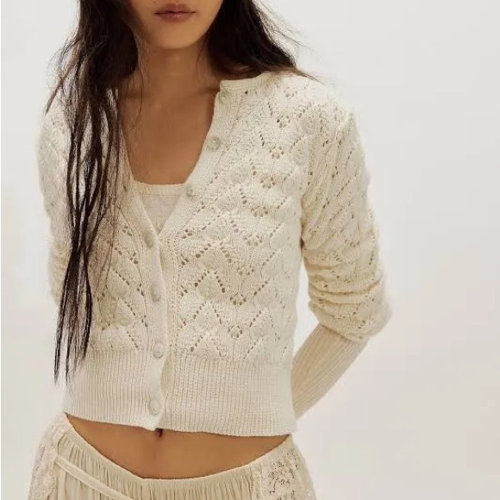 GAP Cream Openwork Button-Up Cardigan